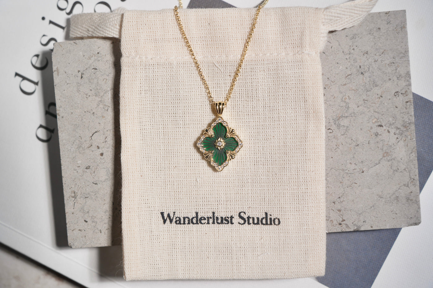 Wanderlust Studio Artisan Vintage Clover Lace Pendant Necklace – Sterling Silver, 18K Gold Plated, Big motif